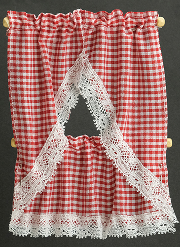Dollhouse Miniature Kitchen Curtain: Gingham Red